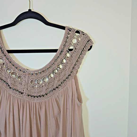 Free People Feel Free Top Taupe M Boho Festival Flowy Rayon Crochet - Picture 2 of 7